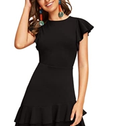 Floerns Women's V Back Inslace Layered Ruffle Hem Flutter Sleeve Dress