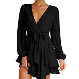 Cosonsen Womens Ruffle Dress Tie Waist Deep V-Neck Long Sleeve Swing Short Dress Black XXL