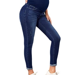 Floerns Women's Maternity High Waist Ripped Hem Denim Jeans Pants with Pocket A Dark Blue S