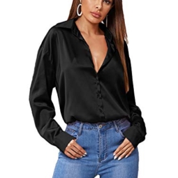 SOLY HUX Women's Satin Silk Long Sleeve Button Down Shirt Office Work Blouse Top Black L