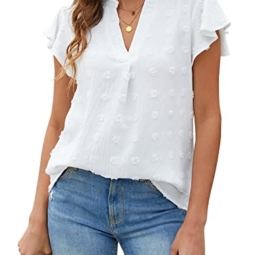 Blooming Jelly Womens White Blouse V Neck Ruffle Sleeve Flowy Shirts Dressy Casual Cute Summer Tops