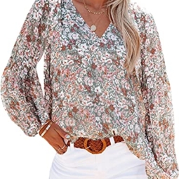SHEWIN Womens Fashion Floral Print V Neck Spring Boho Tops Loose Fit Dressy Casual Long Sleeve Bohemian Blouses Shirts for Women 2023,US 8-10(M),Multicolor