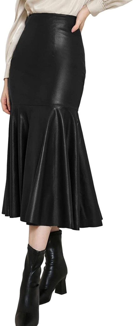 WDIRARA Falda de tubo elegante de piel sintética con dobladillo con volantes y cintura alta para mujer