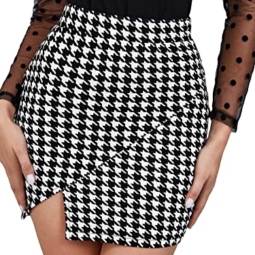 SOLY HUX Women's Plaid Skirt High Waisted Split Bodycon Pencil Mini Skirt Black and White L
