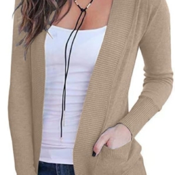 VOIANLIMO Women's Open Front Casual Long Sleeve Knit Classic Sweaters Cardigan with Pockets