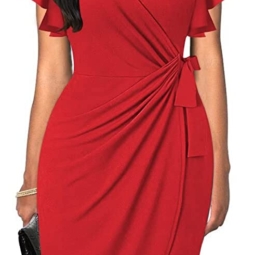 oten Womens Deep V Neck Ruffle Sleeve Sheath Casual Cocktail Party Work Faux Wrap Dress