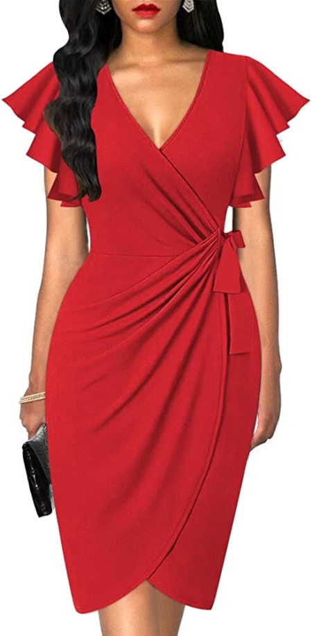 oten Womens Deep V Neck Ruffle Sleeve Sheath Casual Cocktail Party Work Faux Wrap Dress