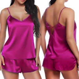 RSLOVE Women V Neck Sexy Lingerie Satin Sleepwear Pajamas Cami Shorts Set Nightwear