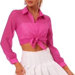 Allegra K Sheer Button Up Blouse for Women's See Through Mesh Long Sleeve Shirt Tops