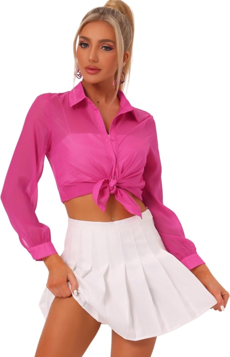 Allegra K Sheer Button Up Blouse for Women's See Through Mesh Long Sleeve Shirt Tops